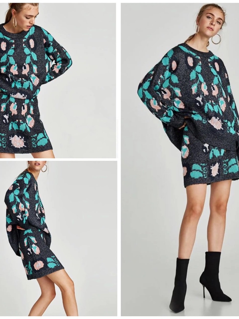 Zara Black Knit Mini Skirt with Teal and Blush Floral Pattern